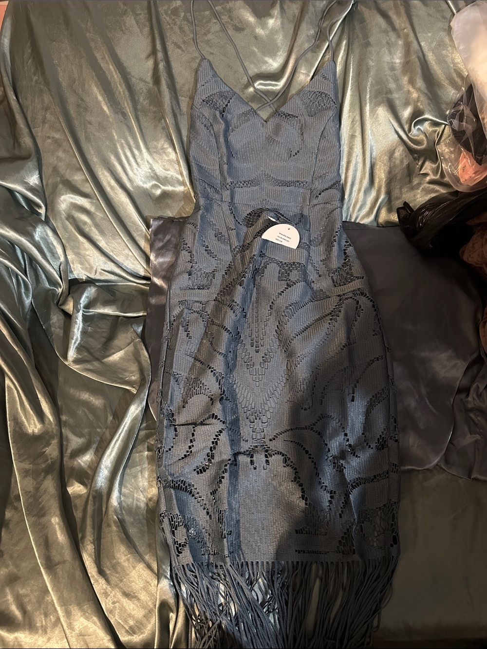 Spaghetti Strap Midi Dress with Fringe Detail - Slate Blue